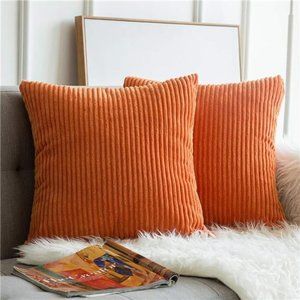 Pack of 2 Fall Orange Pillow Covers 18x18 Inch Soft Boho Striped Corduroy Throw